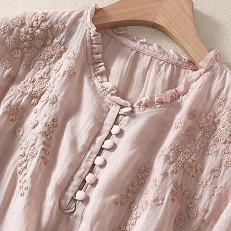 Buddha Stones Casual Plain Button Floral Embroidered Design Puff Half Sleeve Women's Shirt