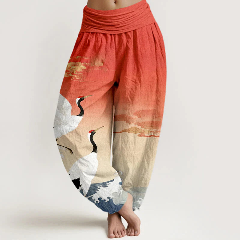 Buddha Stones Pure Cotton Cranes Auspicious Clouds OceanÂ Women's Elastic Waist Harem Pants