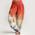 Buddha Stones Pure Cotton Cranes Auspicious Clouds OceanÂ Women's Elastic Waist Harem Pants