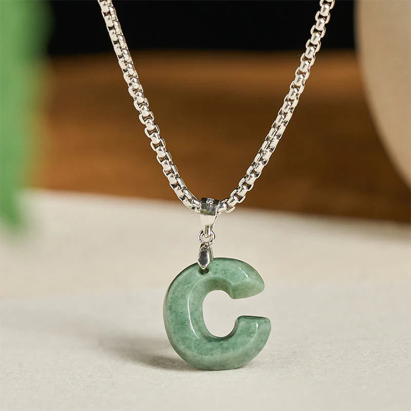 Buddha Stones Natural A-Z Letter Jade Titanium Steel Wide Chain Prosperity Necklace Pendant