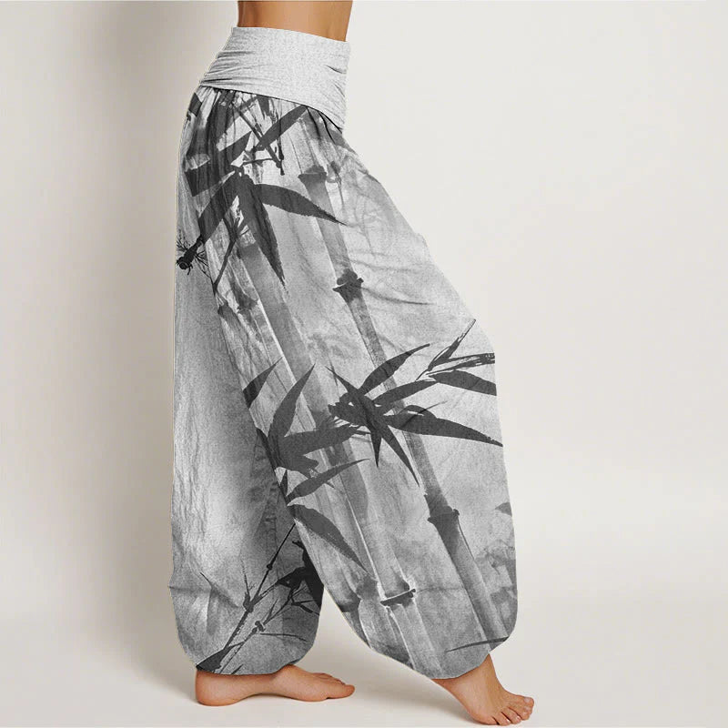 Buddha Stones Cotton Casual Bamboo Leaves Dragonfly Pattern Women's Elastic Waist Harem Pants