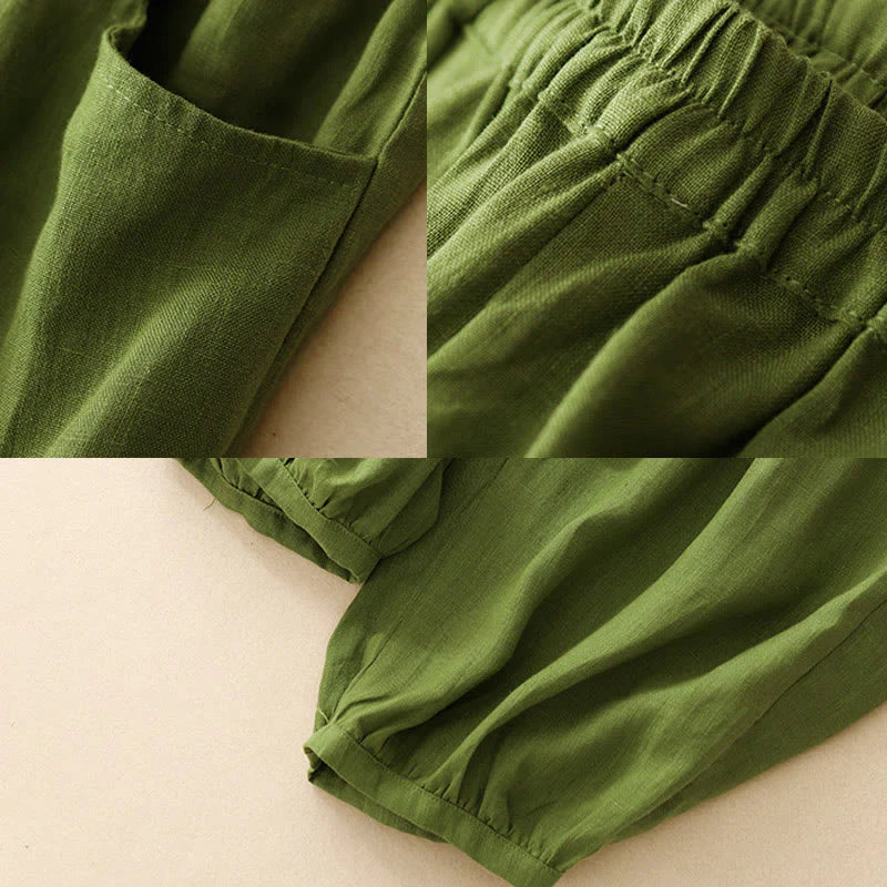 Buddha Stones Summer Commute Pure Color Women's Cotton Ankle-Length Pants With Pockets