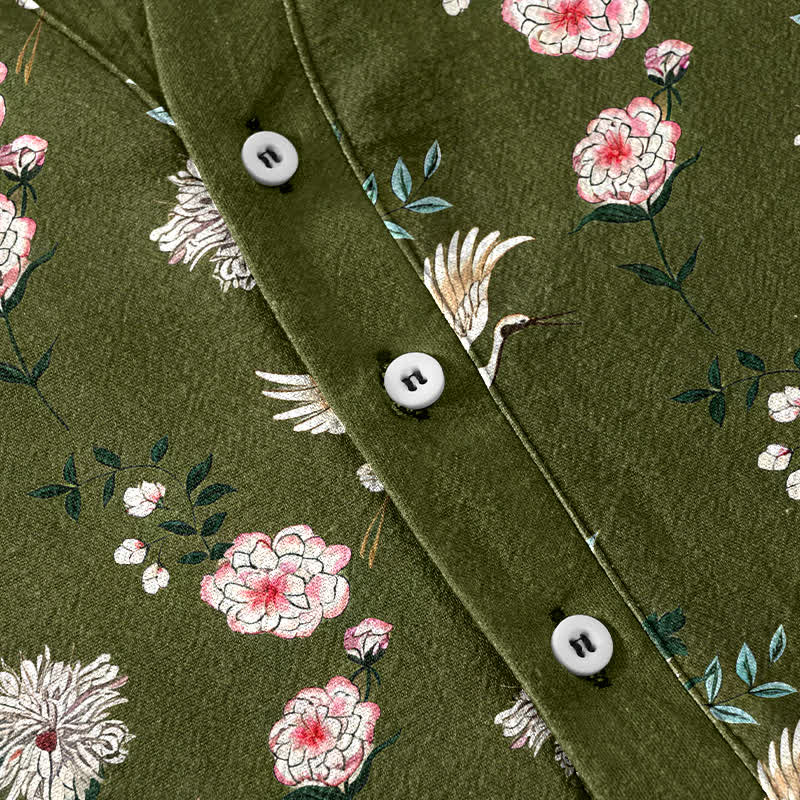 Buddha Stones Cotton Crane Floral Print Men's Short Sleeve Half Button Shirt