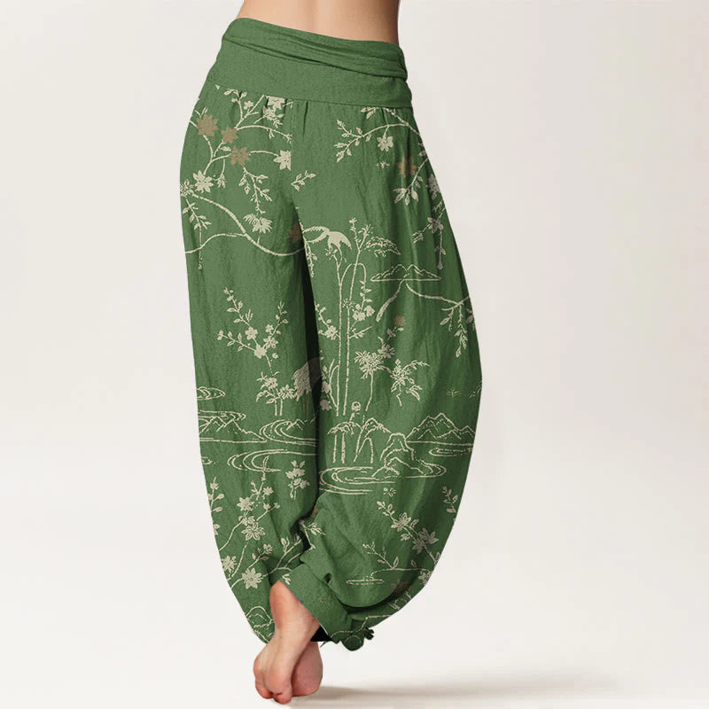 Buddha Stones Crane Floral Tree Branches Pattern Print Women's Elastic Waist Harem Pure Cotton Pants