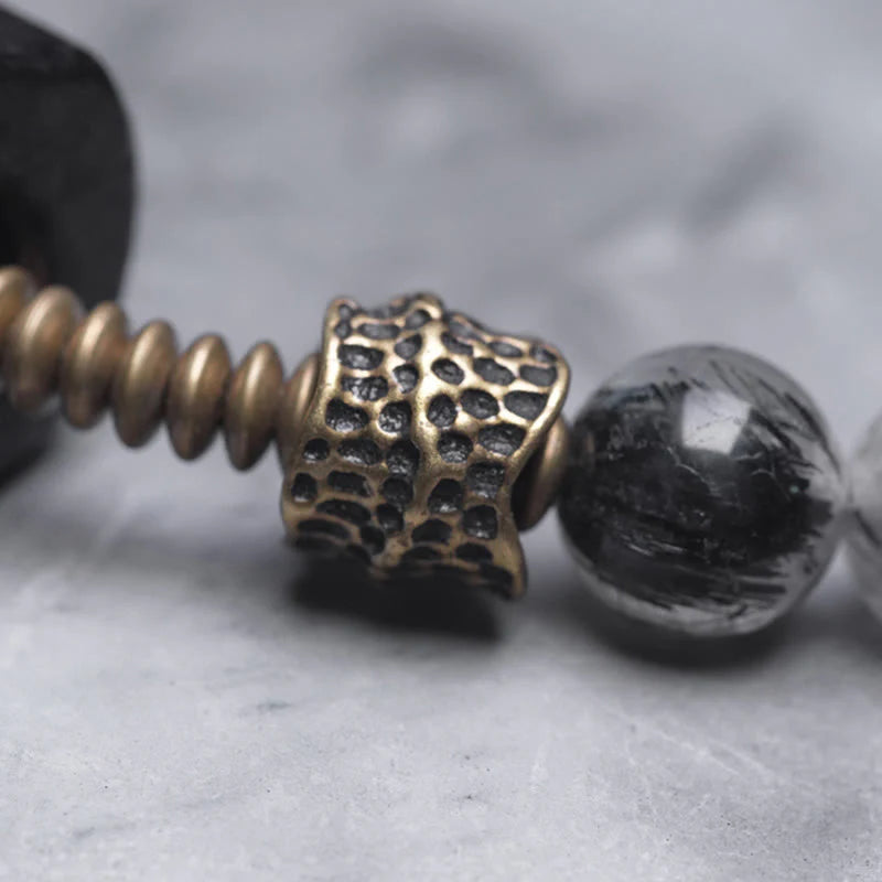 Buddha Stones Ebony Wood Black Rutilated Quartz Copper Brass Double Wrap Balance Bracelet (Extra 30% Off | USE CODE: FS30)