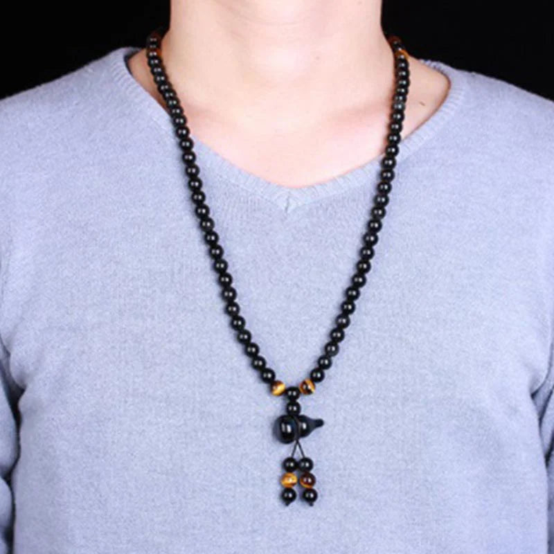 Buddha Stones Natural Black Obsidian Rainbow Obsidian Gourd Blessing Bracelet Mala