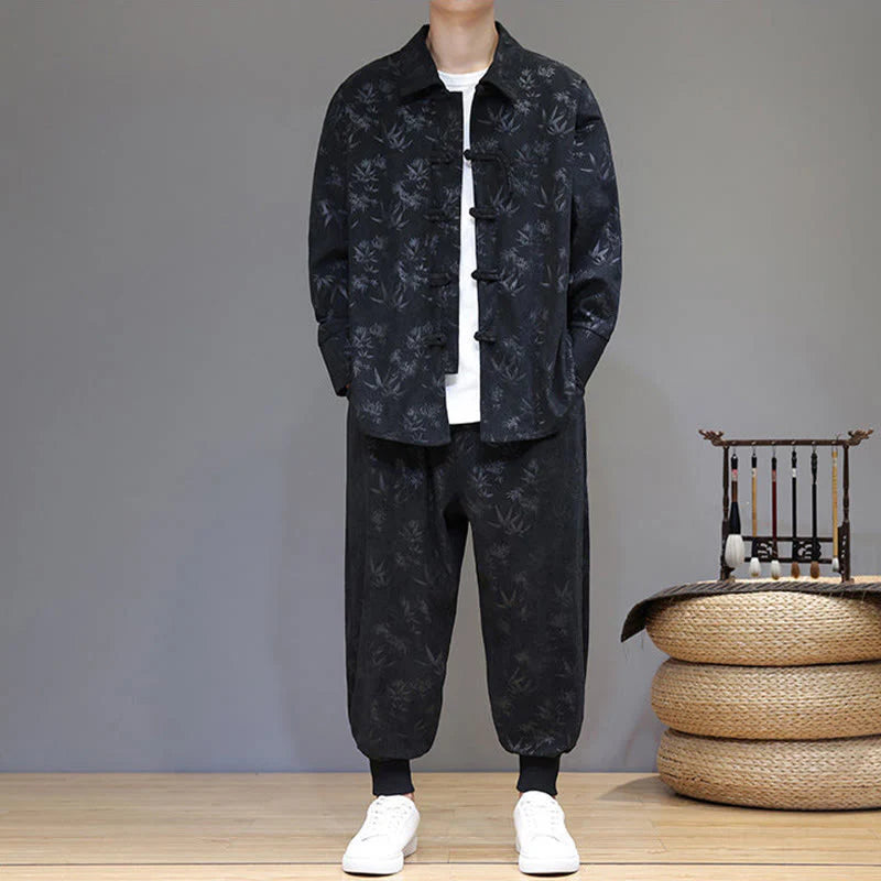 Buddha Stones 2Pcs Winter Thick Bamboo Men's Tang Suit Frog-Button Cotton Corduroy Long Sleeve Jacket Pants Set With Pockets