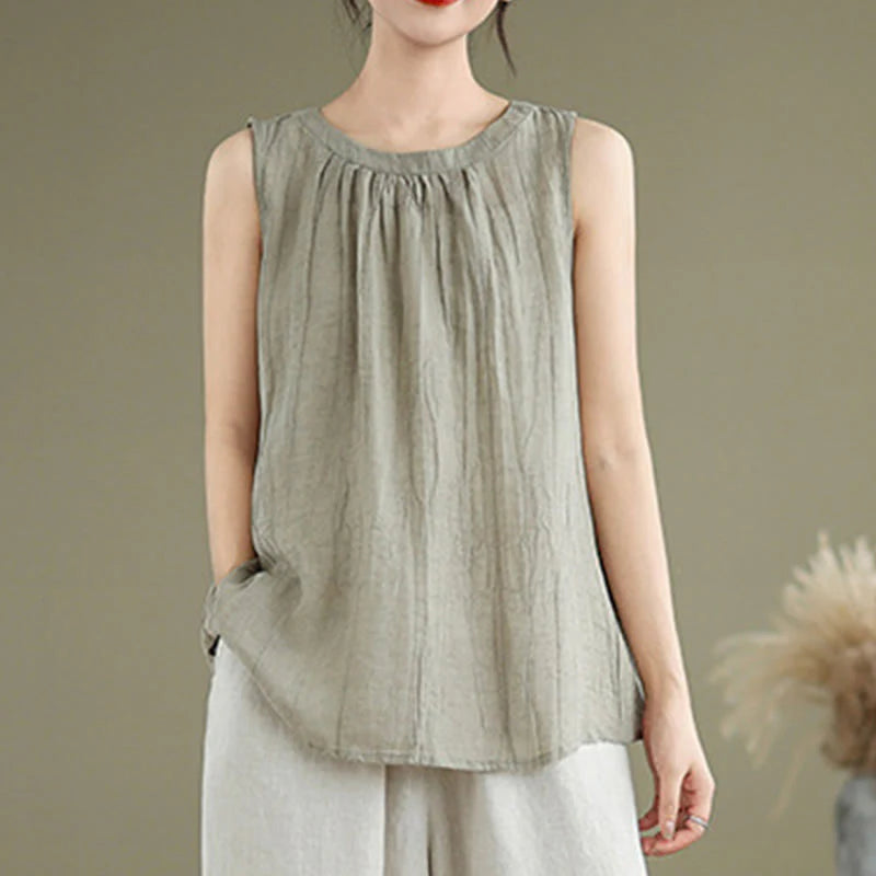 Buddha Stones Summer Wrinkles Simple Design Crew Neck Cotton Linen Women's Sleeveless Vest Waistcoat