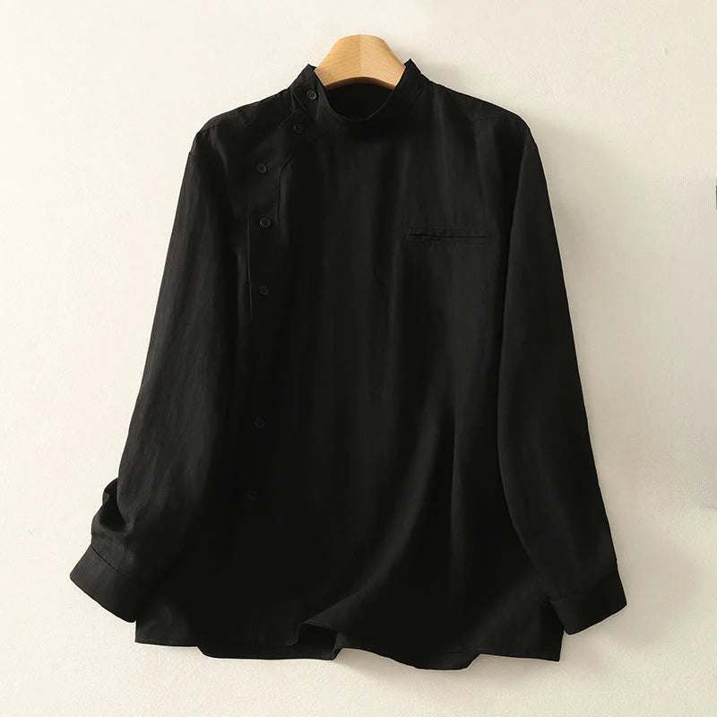 Buddha Stones Fall Stand Collar Chinese Frog-Button Simple Design Long Sleeve Women's Cotton Shirt