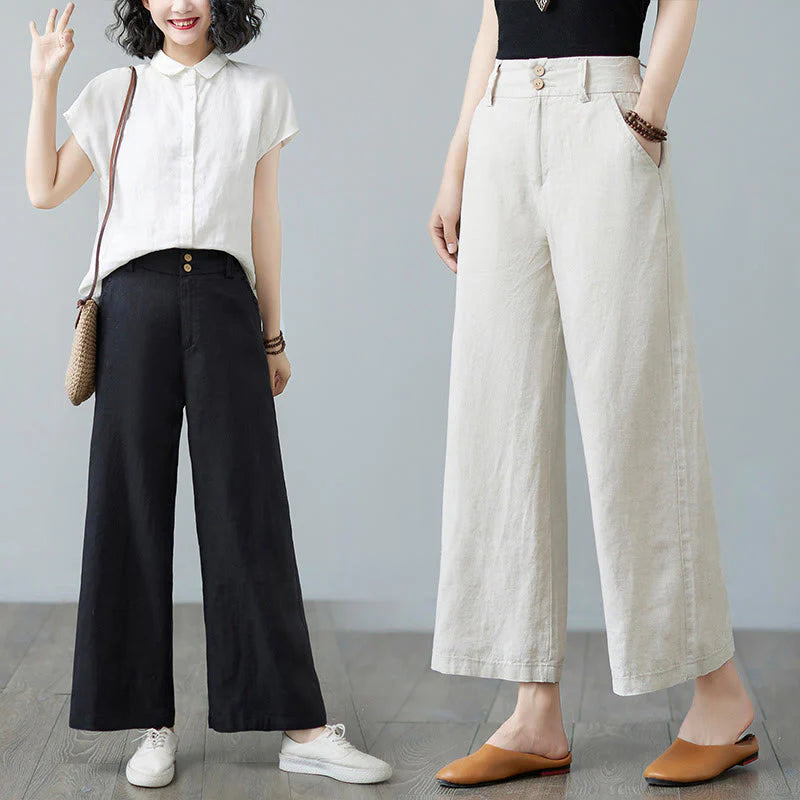 Buddha Stones Daily Solid Color Patchwork Simple Design Cotton Linen Women's Pants With Pockets