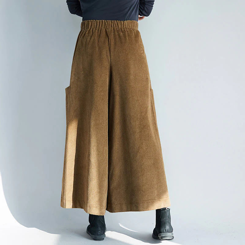 Buddha Stones Women's Plain Side Zipper Design Wide Leg Corduroy 7-8 Length Pants With Pockets