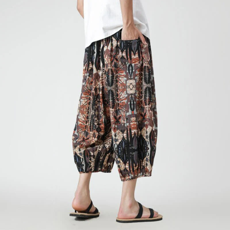 Buddha Stones Summer Square Patchwork Elephant Mandala Geometry Cotton Linen Men's 7-8 Length Pants With Pockets