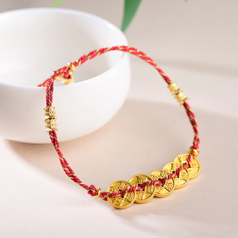Buddha Stones Five-Emperor Coins Copper Balance Hand-Woven String Bracelet