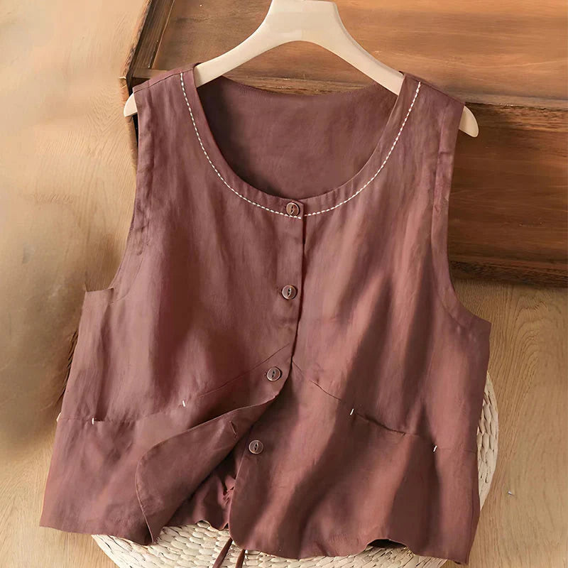 Buddha Stones Single Breasted Sleeveless Design Cotton Linen Women's Vest WIth Pockets