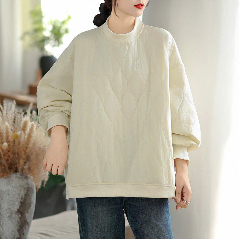 Buddha Stones Fall Solid Curved design Crew Neck Long Sleeve Women's Cotton Sweatshirt With Pockets