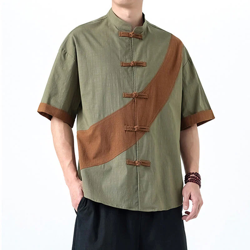 Buddha Stones Spring Color Contrast Chinese Frog-Button Design Men's Half Sleeve Cotton Linen Shirt