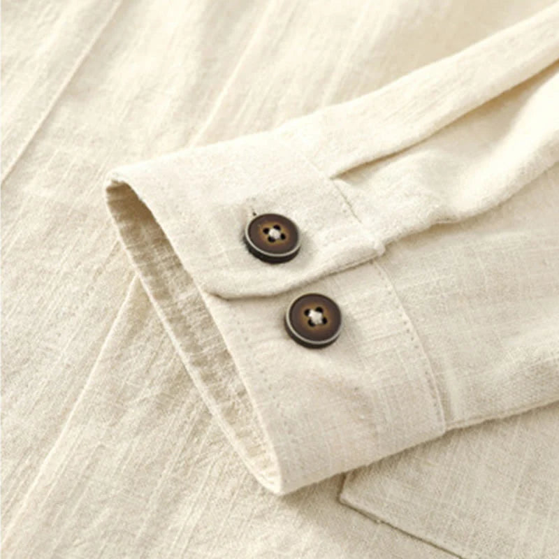 Buddha Stones Men's Button Ramie Linen Cotton Fleece Lined Jacket Shirt With Pockets