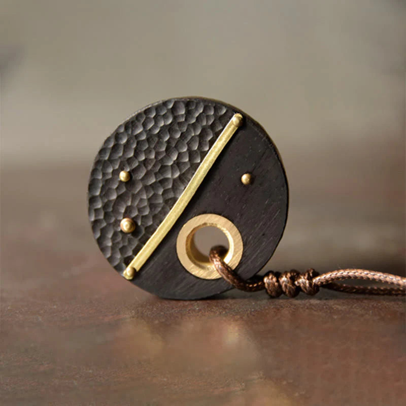 Buddha Stones Handcrafted Round Ebony Wood Brass Copper Peace Necklace Pendant