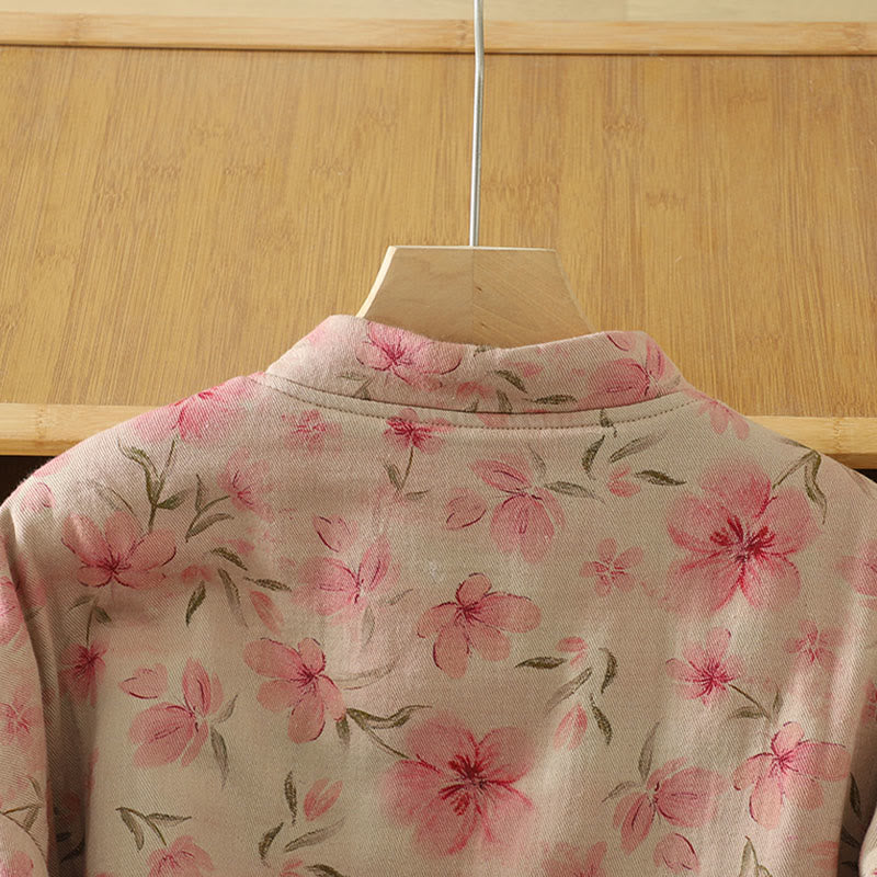 Buddha Stones Frog-button Flower Pattern Crew Neck Thickened Long Sleeve Women's Coat
