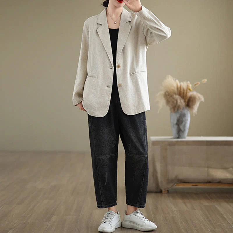 Buddha Stones Spring Solid Color Long Sleeve Cotton Linen Women's Jacket With Pockets