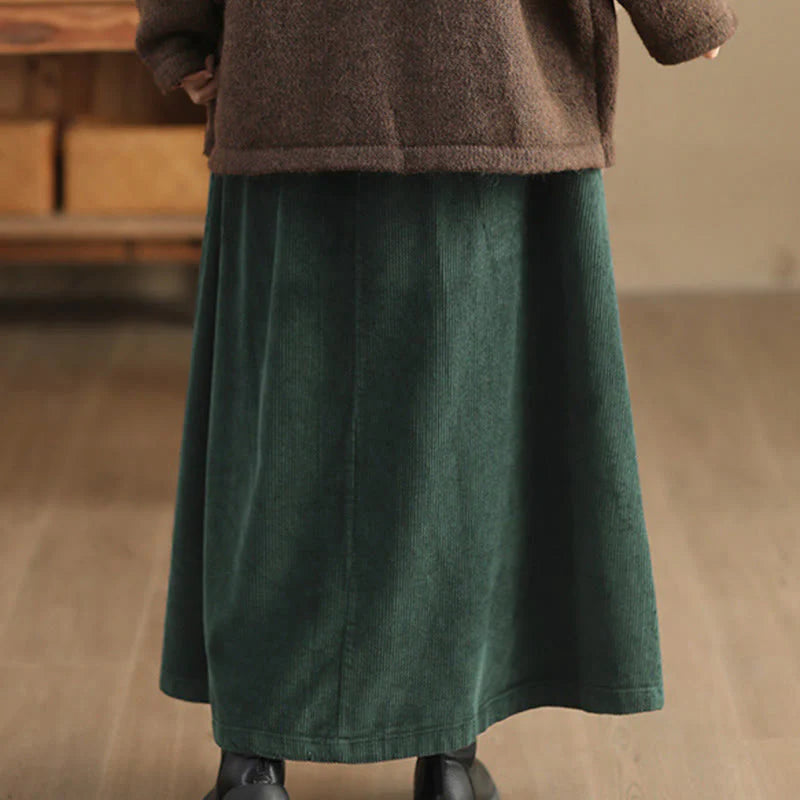 Buddha Stones Women's Plain Corduroy 7-8 Length Skirt With Pockets