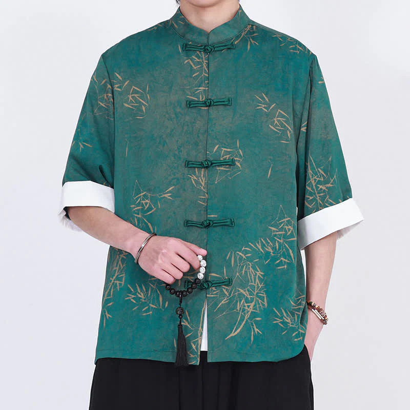 Buddha Stones Summer Bamboo Print Mandarin Collar Frog Buttons Men's Elbow-Length Sleeve Shirt