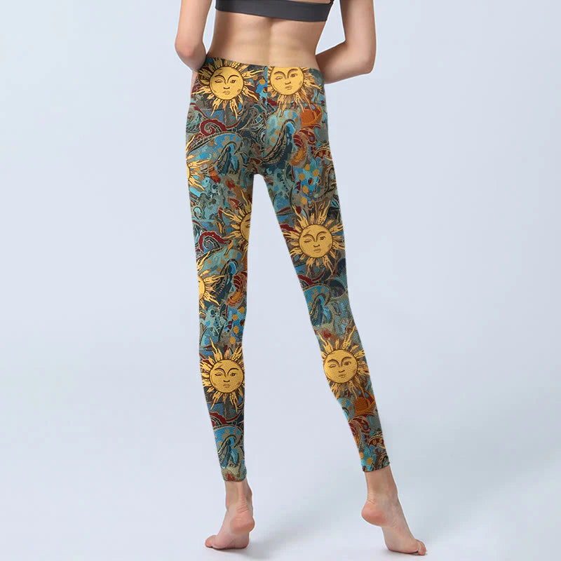 Buddha Stones Golden Personified Sun Pattern Print Gym Leggings Women's Yoga Pants