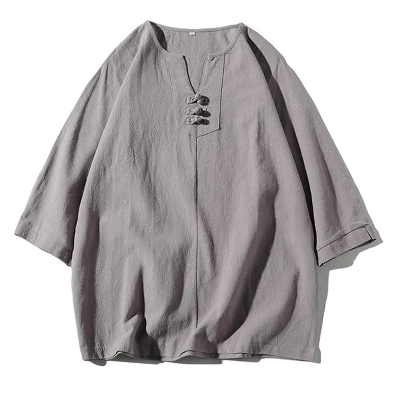 Buddha Stones 2Pcs Plain Notched Collar T-Shirt 7-8 Length Wide Leg Shorts With Pockets Cotton Linen Men's Meditation Cloth Set