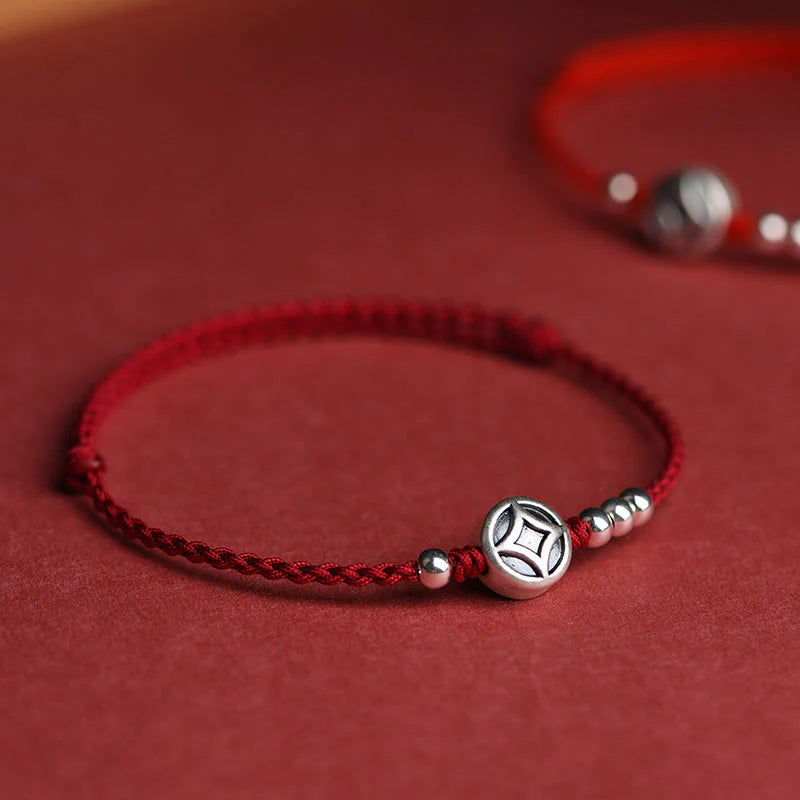 Buddha Stones 999 Sterling Silver Copper Coin Charm Handmade String Strength Bracelet Anklet