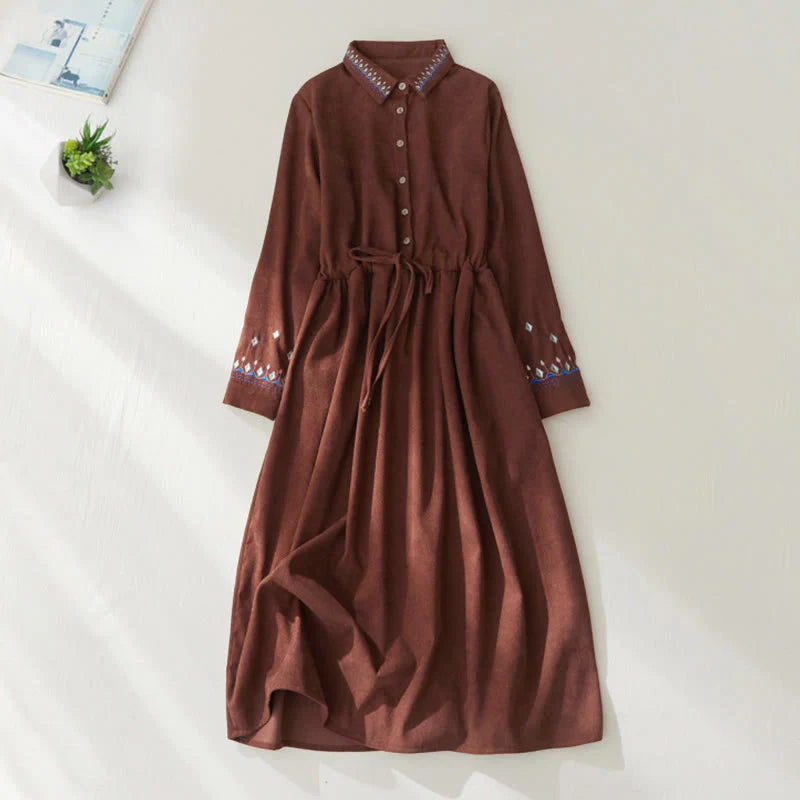 Buddha Stones Embroidered Floral Pattern Lace-up Design Long Sleeve Midi Dress With Pockets