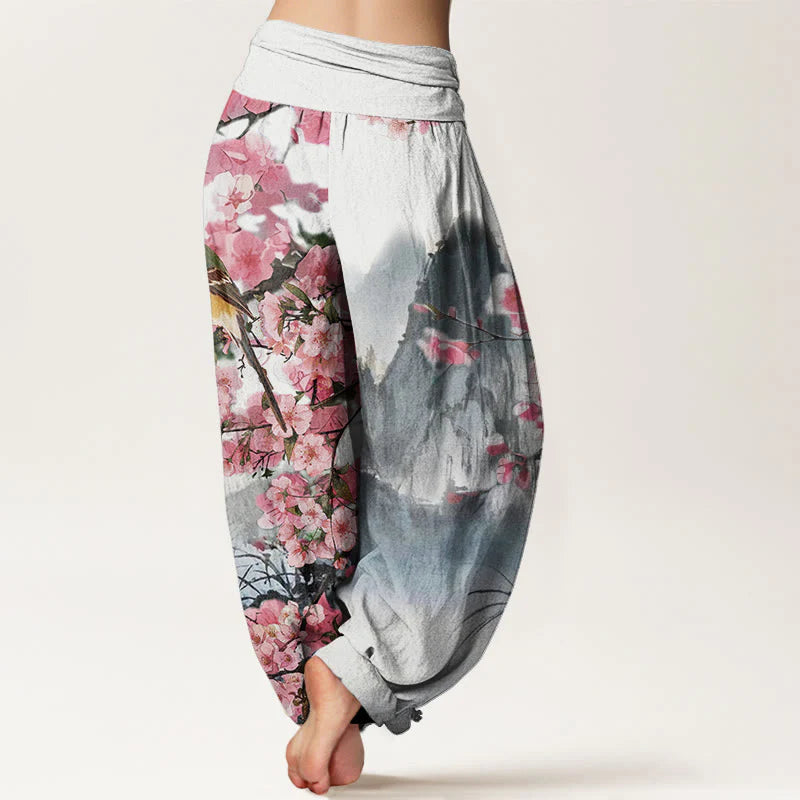 Buddha Stones Cotton Bird Cherry Blossom Mountains Pattern Women's Elastic Waist Harem Pants