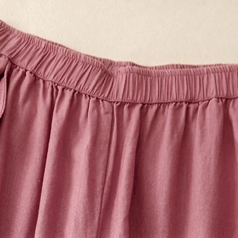Buddha Stones Plain Color Lace Stitching Cotton Linen Women's Wide Leg Pants With Pockets