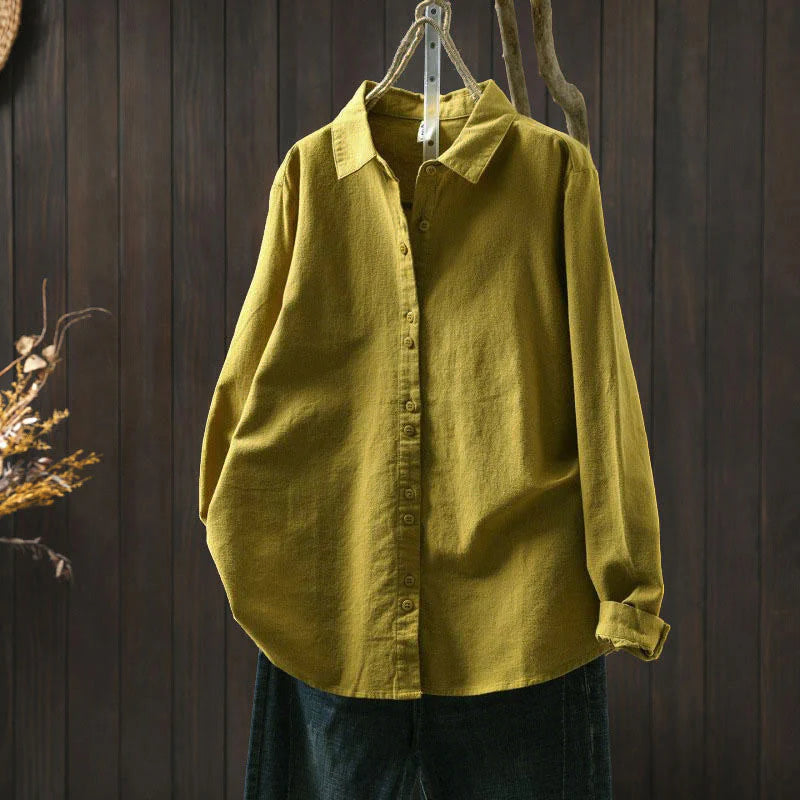 Buddha Stones Fall Solid Color Button Down Stand Collar Long Sleeve Women's Cotton Shirt
