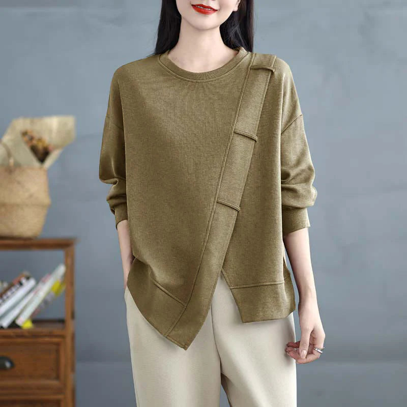 Buddha Stones Fall Solid Color Asymmetrical Design Crew Neck Long Sleeve Women's Cotton Sweatshirt