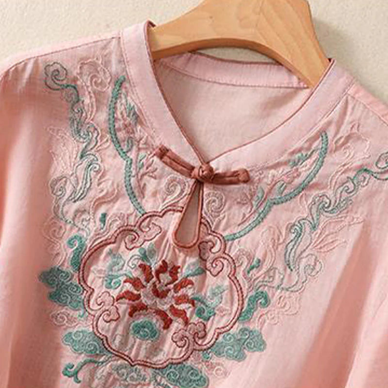 Buddha Stones Casual Retro Embroidery Frog-Button Design Women's Cotton Linen Half Sleeve Shirt