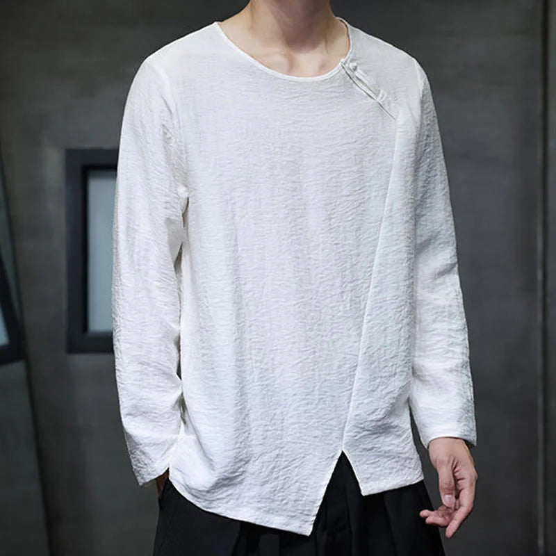 Buddha Stones Solid Color Loose Long Sleeve Round Neck Men's Shirts