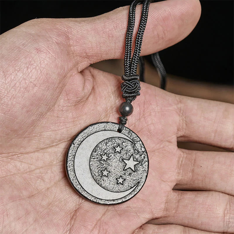 Buddha Stones Moon Star Round Design Authentic Shungite Stone Protection Necklace Pendant