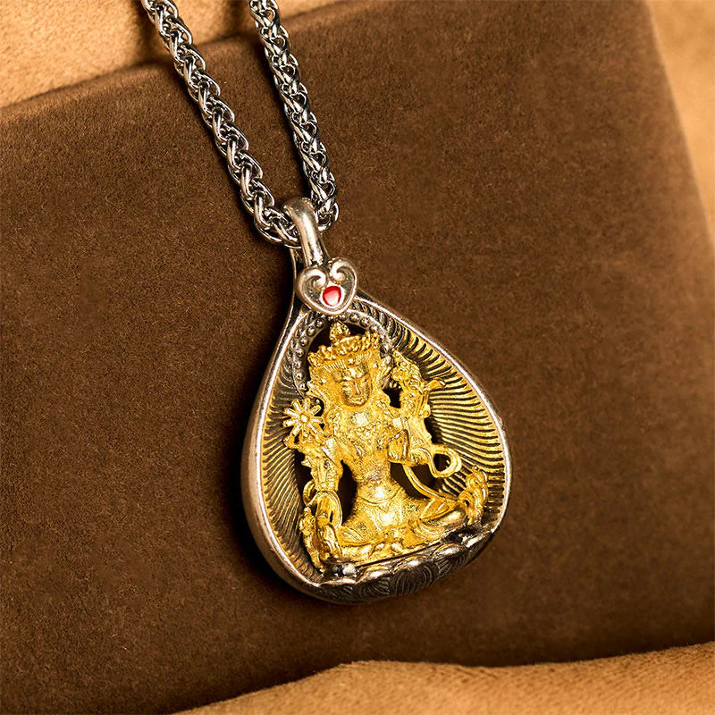 Buddha Stones Green Tara Shakyamuni Buddha Copper Plated Silver Curb Chain Luck Pendant Necklace