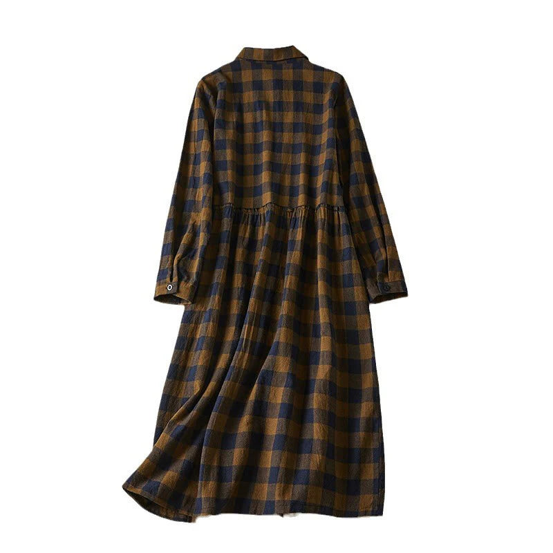 Buddha Stones Contrast Color Plaid Buttons Design Long Sleeve Midi Dress With Pockets