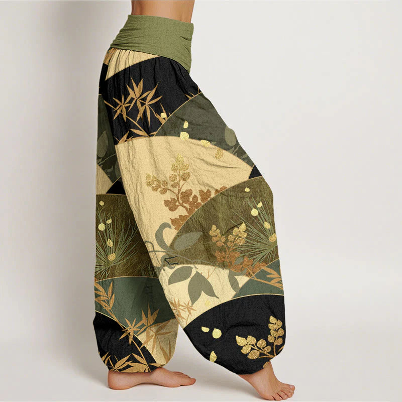Buddha Stones Cotton Semicircle Leaves Pattern Women's Elastic Waist Harem Pants