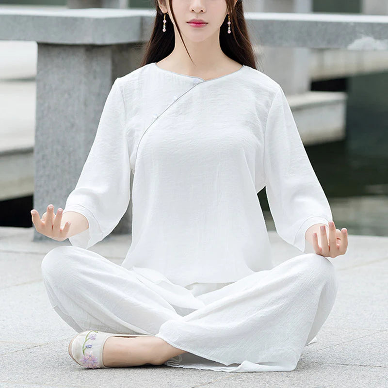 Buddha Stones 2Pcs Simple Design White Top Pants Meditation Yoga Zen Tai Chi Clothing Women's Set