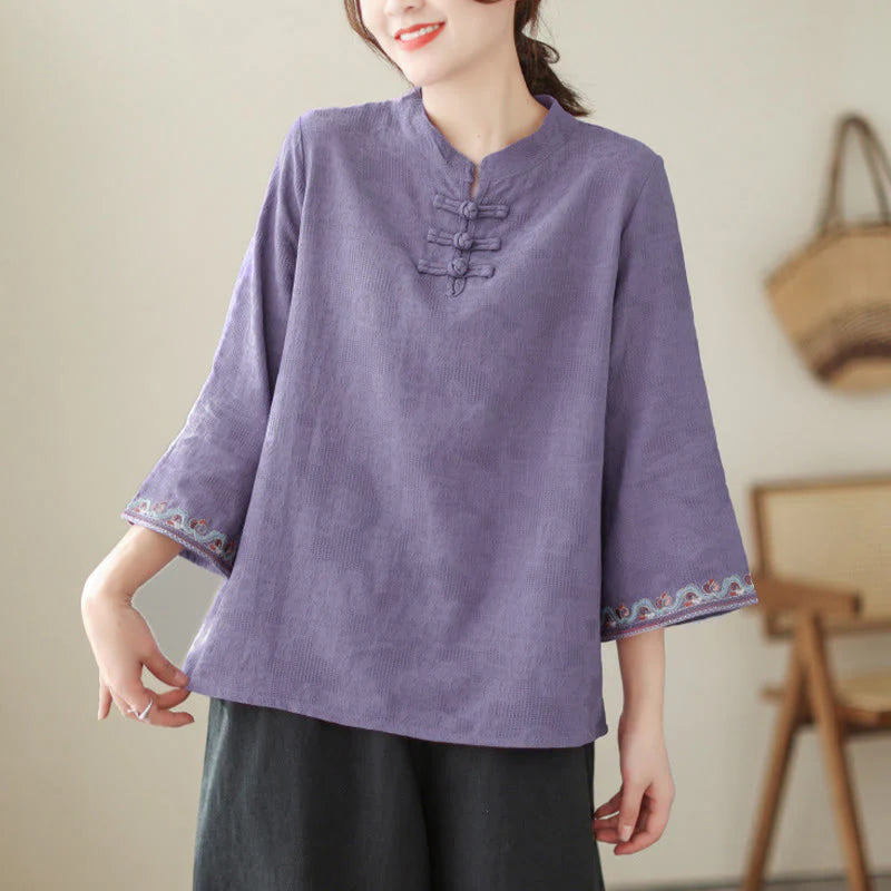 Buddha Stones Jacquard Frog-button Stand Collar Embroidered Three Quarter Sleeve Design Women's Cotton Shirt