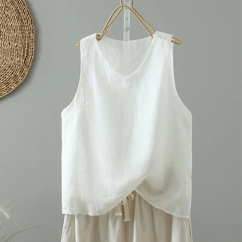 Buddha Stones Vintage Pure Color V-Neck Cotton Sleeveless Women's Vest Waistcoat