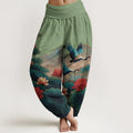 Buddha Stones Cotton Classical Lotus Flower Leaf Crane Mountain Pattern Women's Elastic Waist Harem Pants