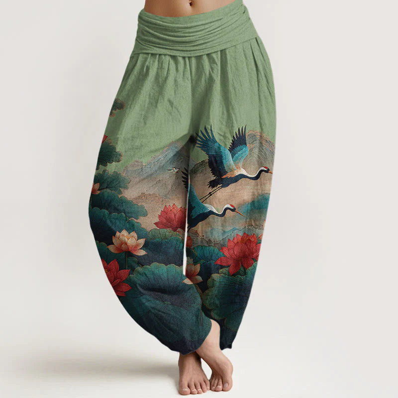 Buddha Stones Cotton Classical Lotus Flower Leaf Crane Mountain Pattern Women's Elastic Waist Harem Pants