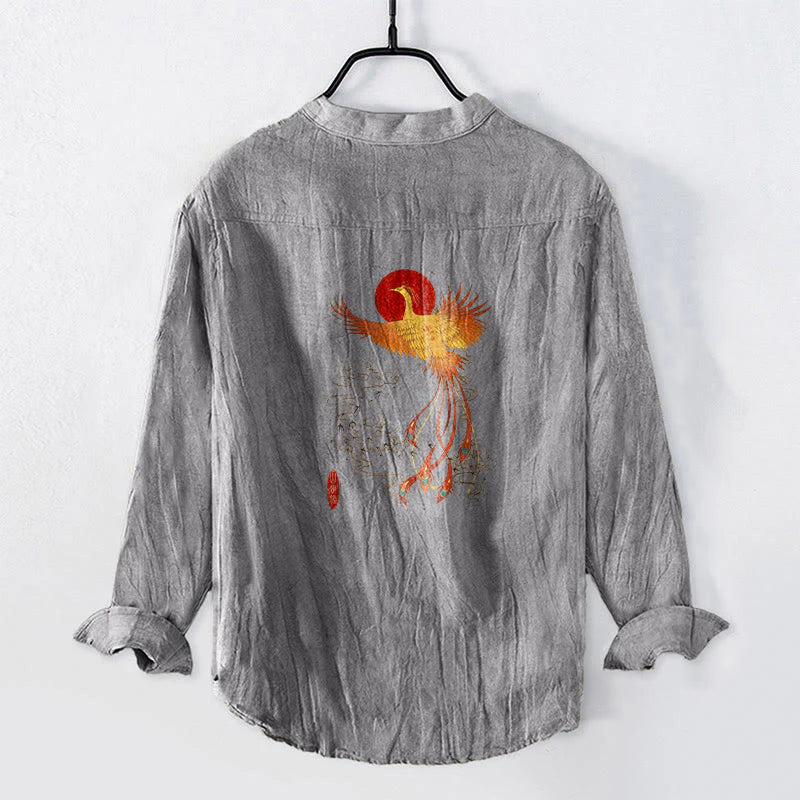 Buddha Stones Phoenix Clouds Red Sun Pattern Half Buttons Men's Cotton Linen Long Sleeve Shirt