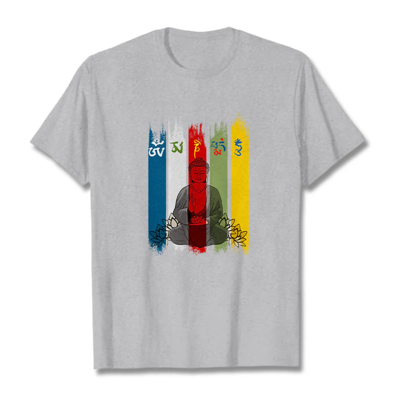 Buddha Stones Six True Words 'Om Mani Padme Hum' Buddha Sitting With Lotus Cotton Tee T-shirt