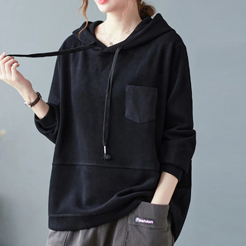 Buddha Stones Fall Solid Color Decorative Pocket Cotton Long Sleeve Women's Hoodie