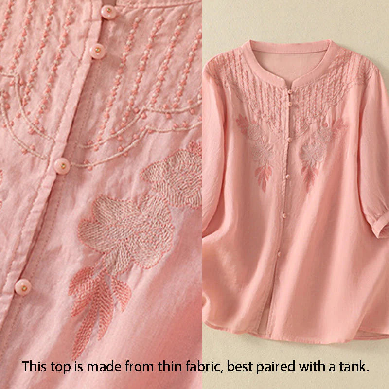 Buddha Stones Rose Floral Embroidery Button Half Sleeve Women's Cotton Shirt