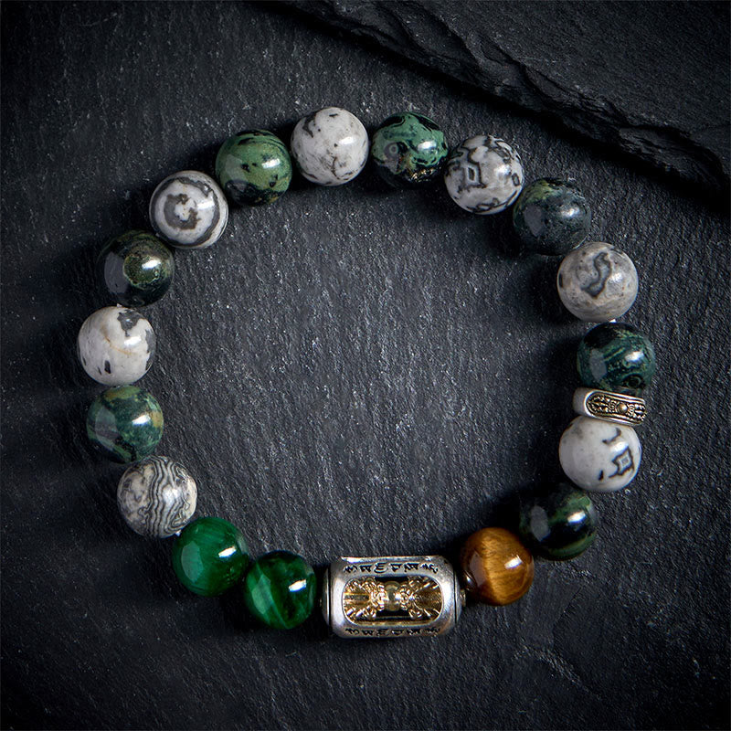 Buddha Stones Natural Grey Jasper Kambamba Jasper Tiger Eye Om Mani Padme Hum Protection Bracelet